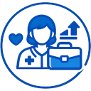 Caregiver careers icon with a healthcare professional, briefcase, heart, and growth arrow