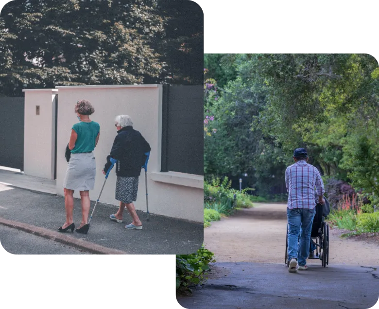 Outdoor Mobility Assistance for Seniors and Wheelchair Users | Comfort Home Care Caregivers assisting seniors with walking and wheelchair mobility outdoors