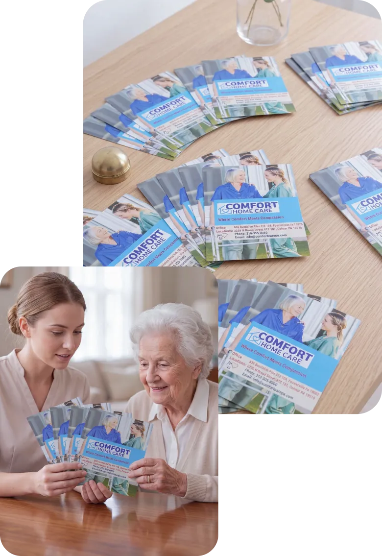 Comfort Home Care Brochures and Senior Care Consultation | Comfort Home Care Comfort Home Care brochures displayed alongside a caregiver reviewing home care information with a senior woman