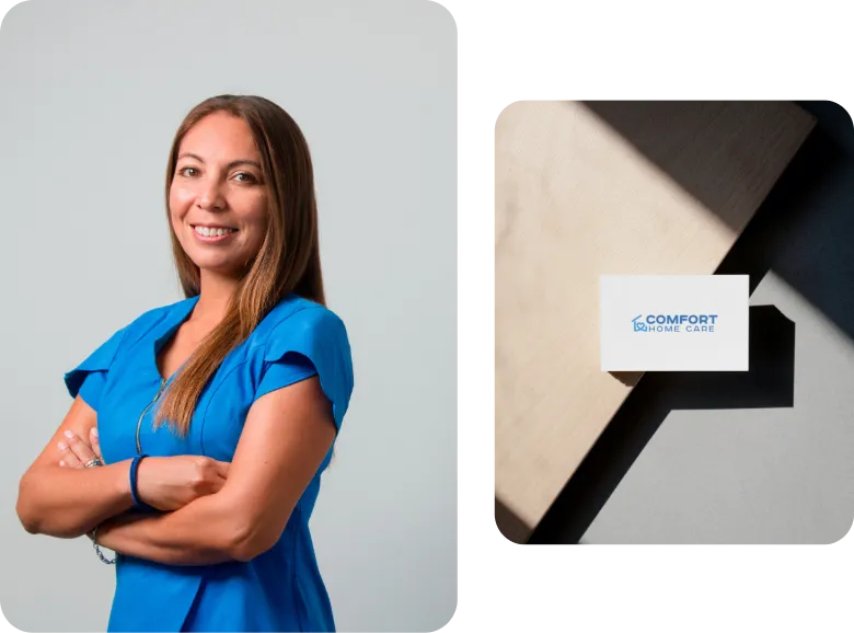 Comfort Home Care Caregiver and Branded Business Card | Comfort Home Care Professional caregiver in blue scrubs beside a Comfort Home Care branded business card