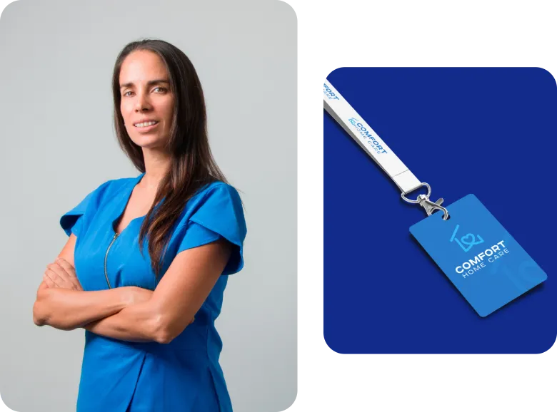 Comfort Home Care Caregiver and Employee ID Badge | Comfort Home Care Professional home caregiver in blue scrubs beside a Comfort Home Care employee ID badge