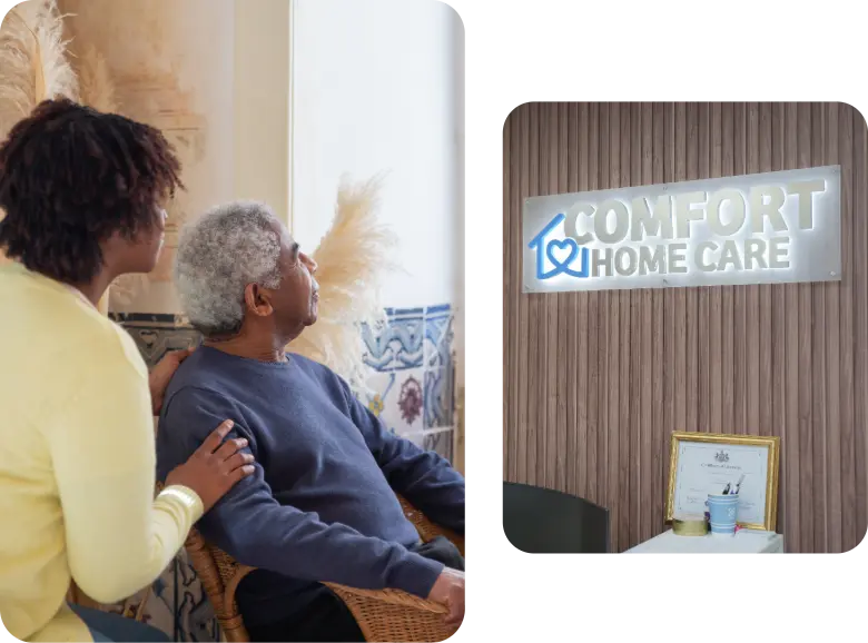 Caregiver supporting a senior at home alongside a Comfort Home Care office sign