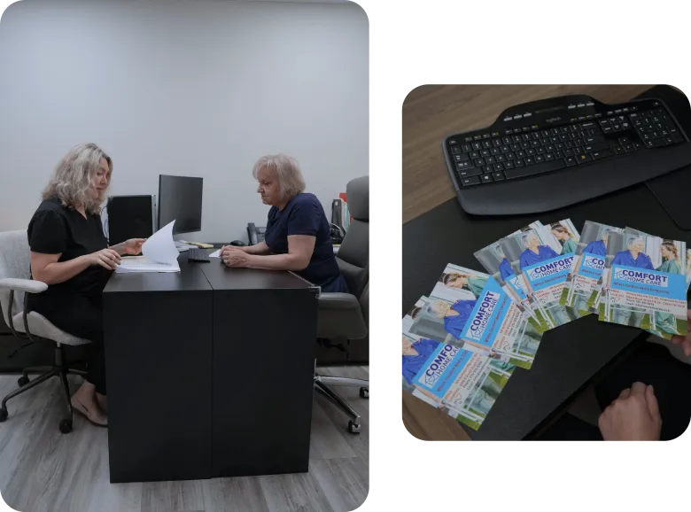 Comfort Home Care staff reviewing documents in the office alongside informational brochures