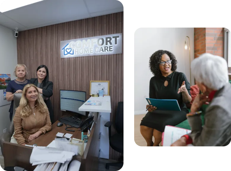 Comfort Home Care Team and Senior Care Consultation | Comfort Home Care Comfort Home Care office team alongside a caregiver discussing home care services with a senior