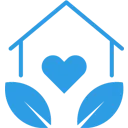 Essential homemaking solutions icon with a house, heart, and leaves