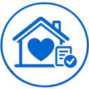 Home care services icon with a house, heart, care plan, and approval checkmark