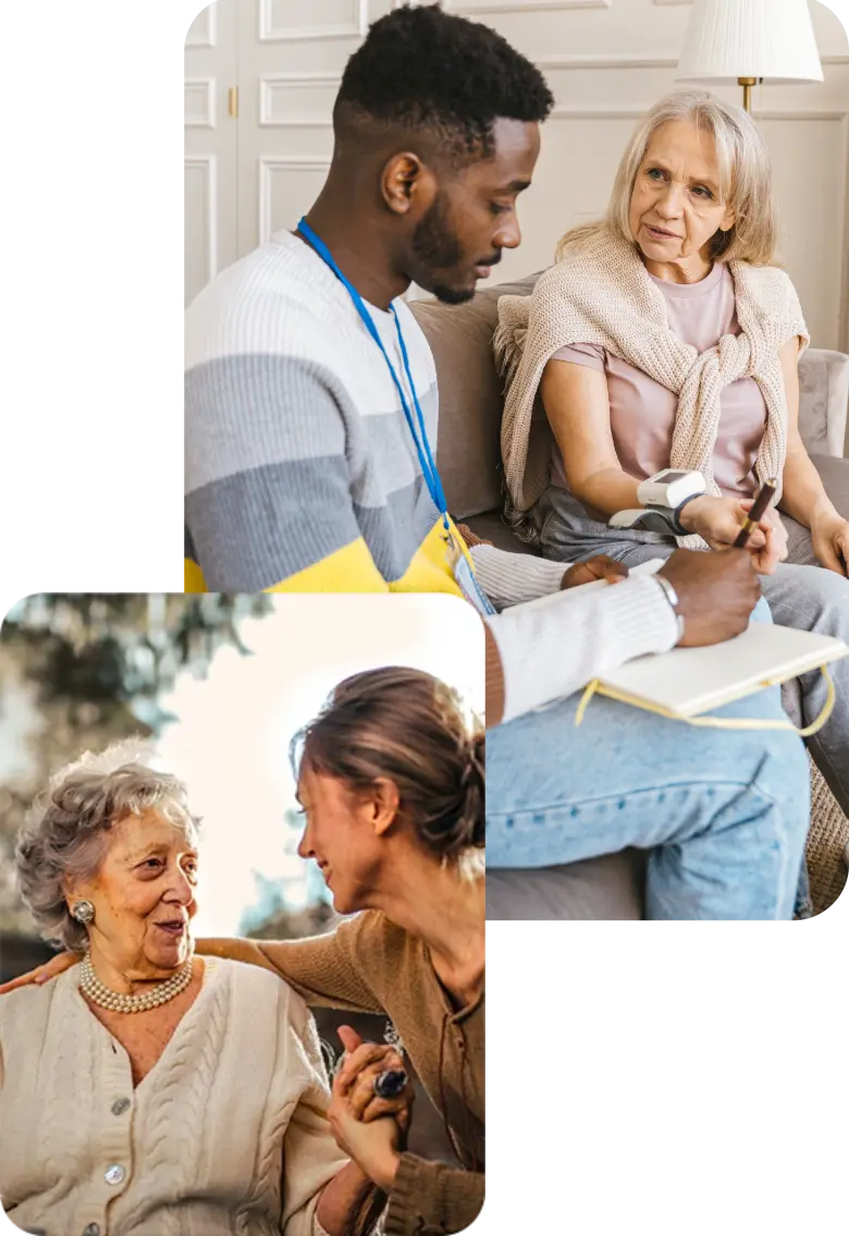 Home caregivers providing personal support and checking a senior woman’s blood pressure