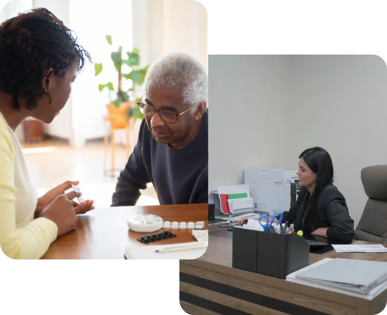 Senior Home Care Support and Office Coordination | Comfort Home Care Home caregiver reviewing a medication organizer with a senior man alongside a Comfort Home Care office coordinator